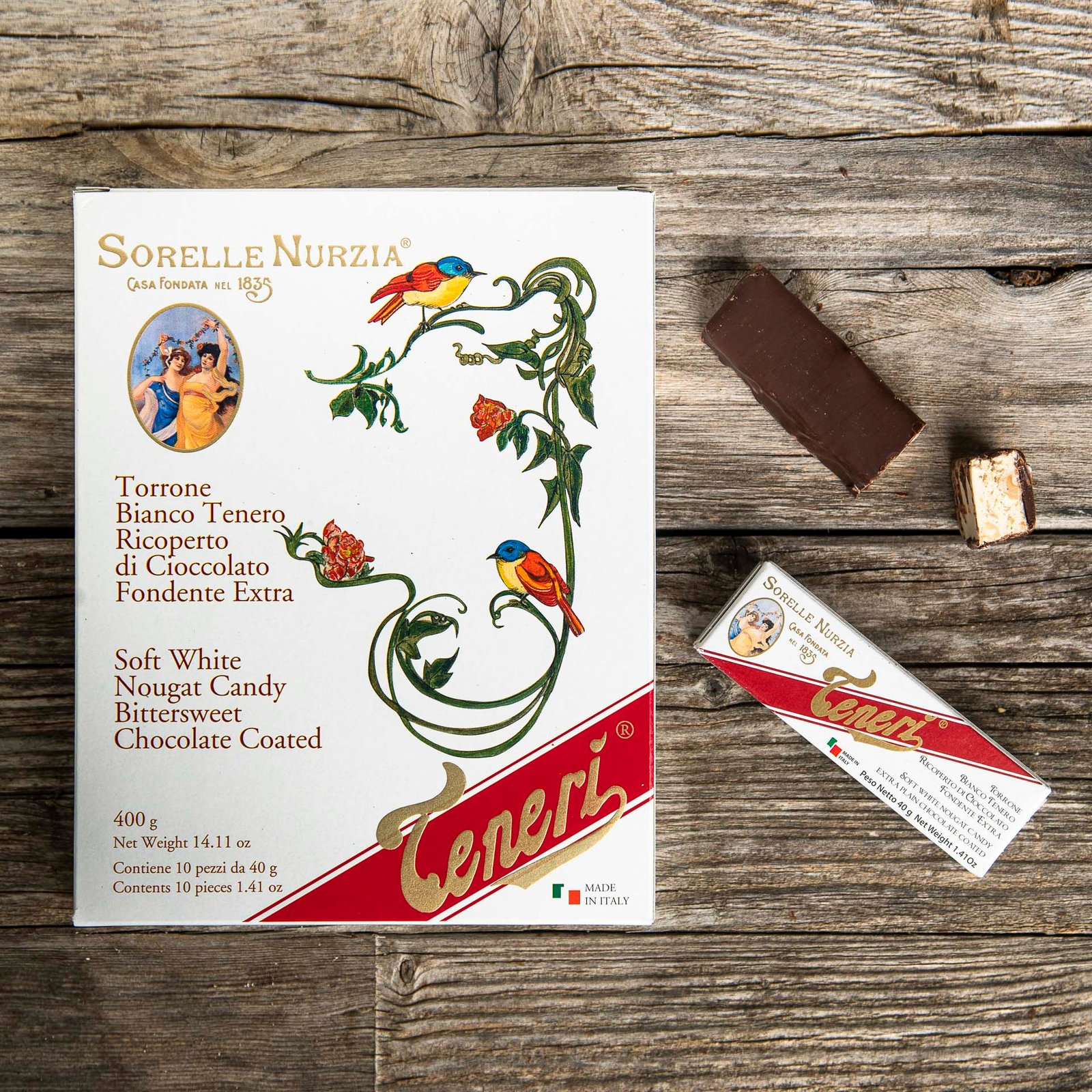 Torrone bianco tenero ricoperto di cioccolato fondente extra – Sorelle Nurzia