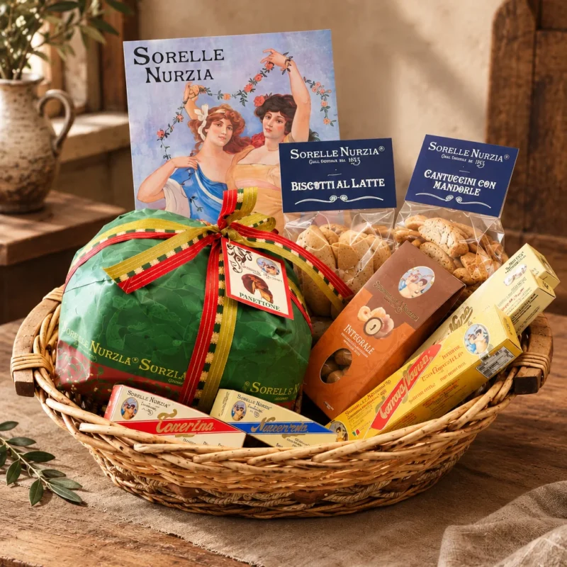 La Scatola delle Sorelle: panettone incartato a mano, torroni, Nurziarelli, praline alla nocciola, biscotti al latte e cantuccini Sorelle Nurzia