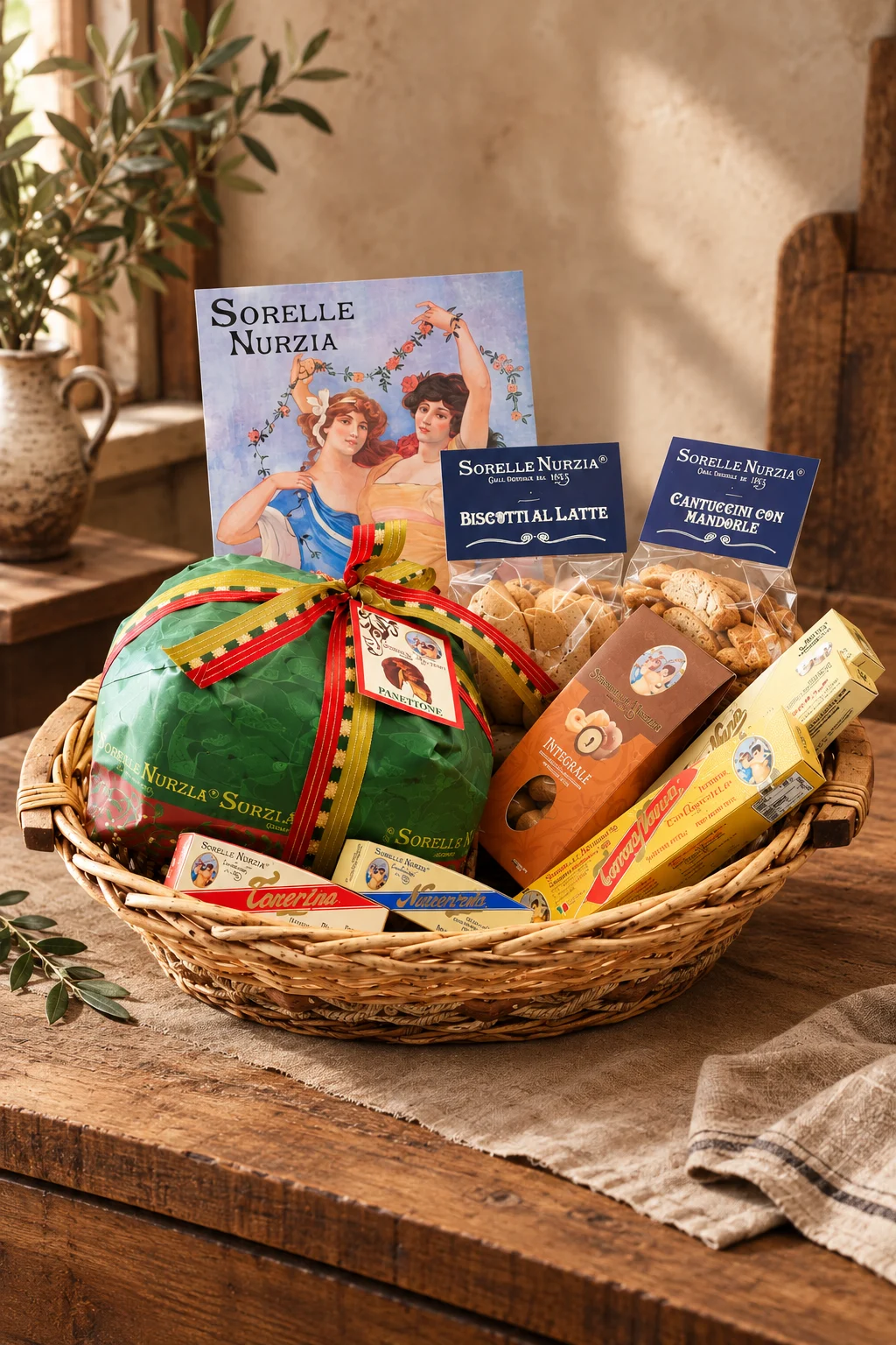 La Scatola delle Sorelle: panettone incartato a mano, torroni, Nurziarelli, praline alla nocciola, biscotti al latte e cantuccini Sorelle Nurzia